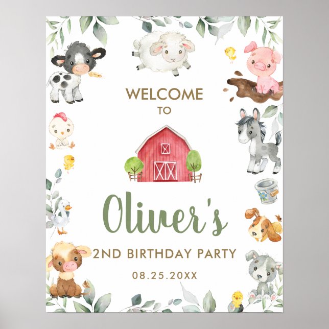 Välkomstskylt för Cute Boskap Greenery Birthday Poster (Framsidan)