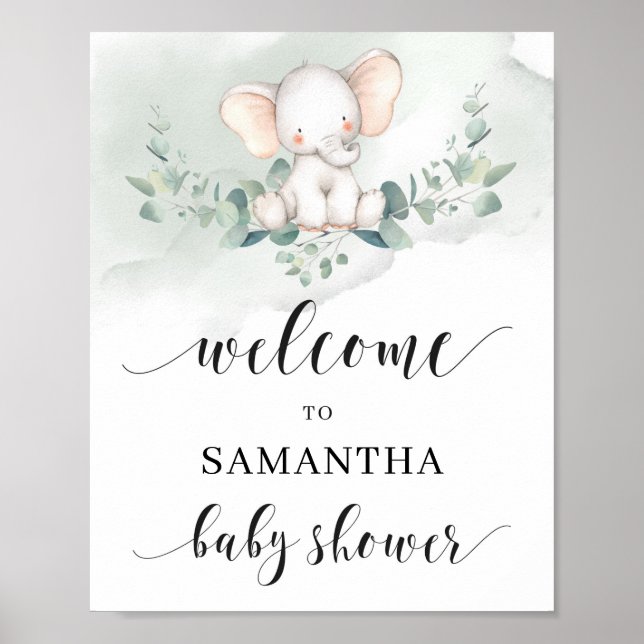 Välkomstskylt för Cute elephant grönt euclayptus l Poster (Framsidan)