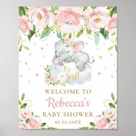 Välkomstskylt för Cute Elephant Rosa Blommigt Baby Poster