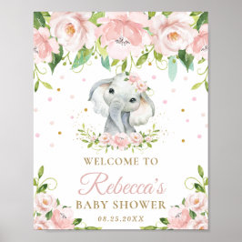 Välkomstskylt för Cute Elephant Rosa Blommigt Baby Poster