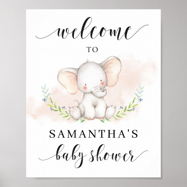 Välkomstskylt för Cute Girl Elephant Baby Shower Poster (Framsidan)