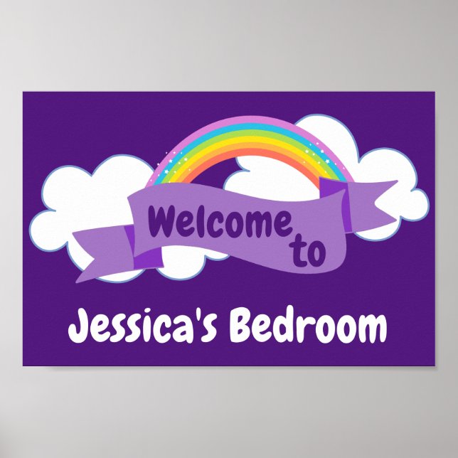 Välkomstskylt för Cute Lila Rainbow Girls Bedroom  Poster (Framsidan)