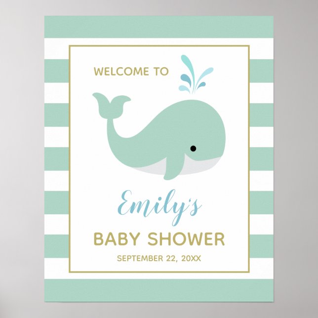 Välkomstskylt för Cute Mint Grönt Whale Baby Showe Poster (Framsidan)