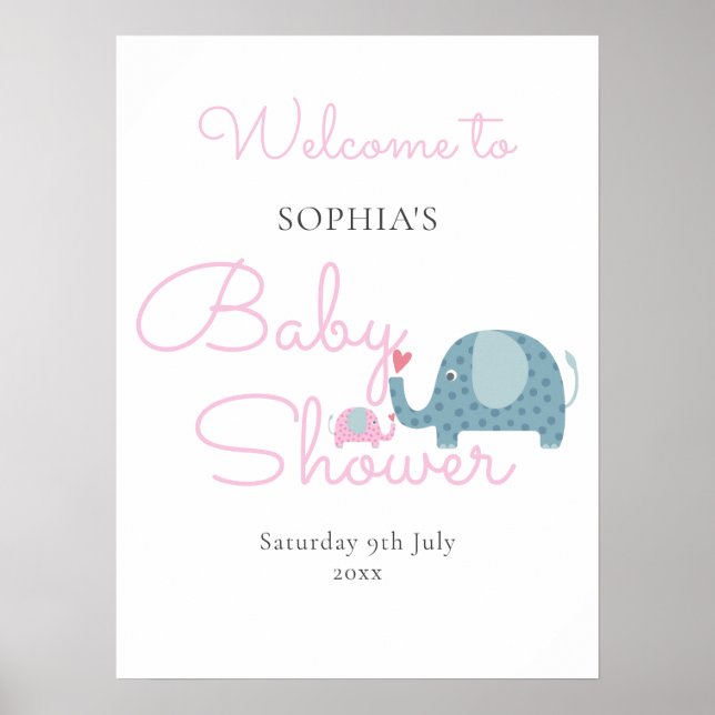 Välkomstskylt för Cute Rosa Elephant Flicka Shower Poster (Framsidan)