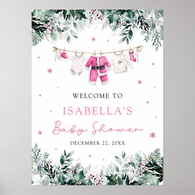 Välkomstskylt för Cute Rosa-jultomten Baby Shower Poster (Framsidan)