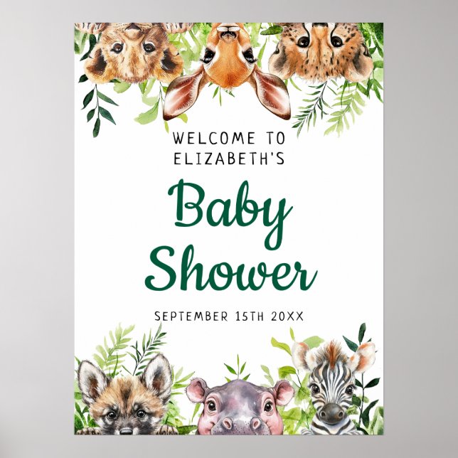 Välkomstskylt för Cute Safari Animals Baby Shower Poster (Framsidan)