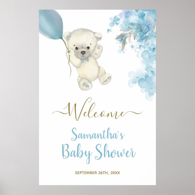 Välkomstskylt för Cute Teddy Baby Shower Boy Water Poster (Framsidan)