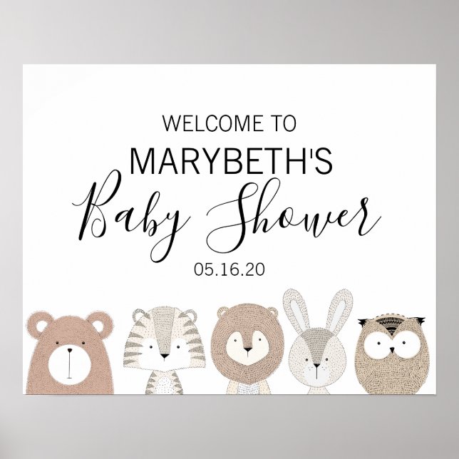 Välkomstskylt för Cute Vilda djur Baby Shower Poster (Framsidan)