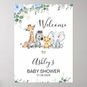 Välkomstskylt för den blå Blommigten Safari Baby S Poster