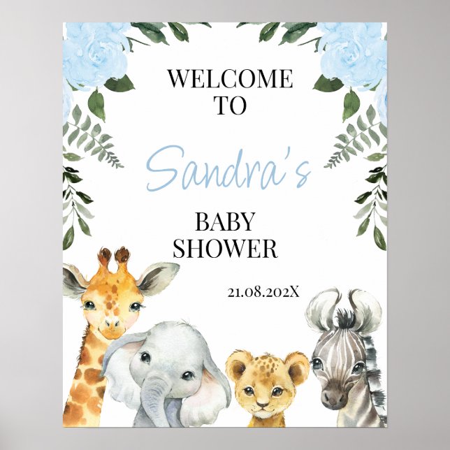 Välkomstskylt för den blå Blommigten Safari Baby S Poster (Framsidan)