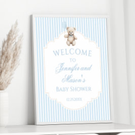 Välkomstskylt för den blå nallen babydusch poster
