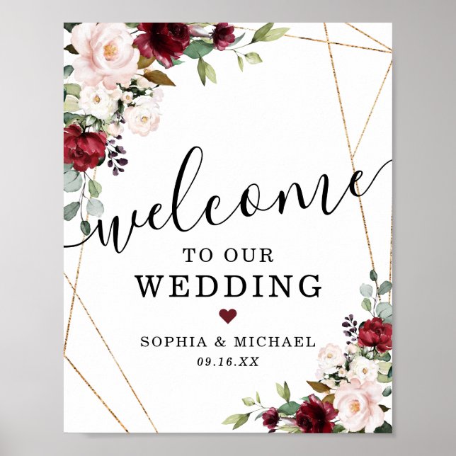 Välkomstskylt för den  Blommigten abstrakt Burgund Poster (Framsidan)