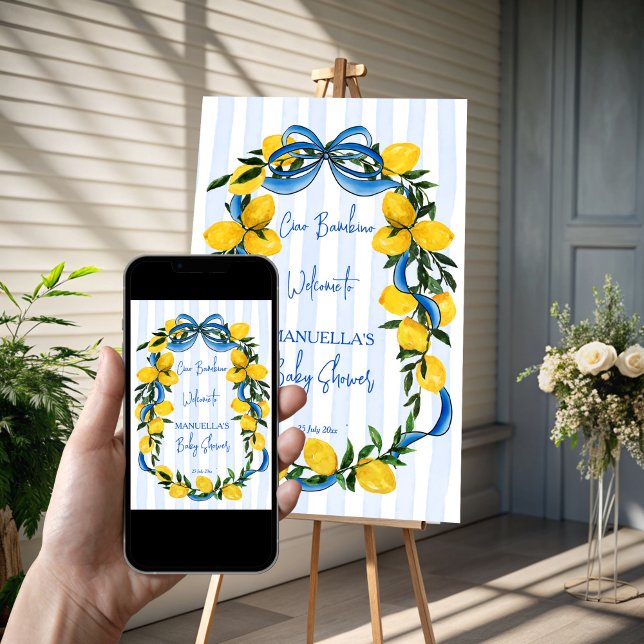 Välkomstskylt för den italienska babyduschen poster (Ciao bambino lemons blue stripes ribbon Italian baby shower welcome sign poster template)