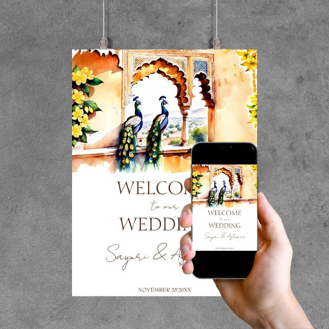 Välkomstskylt för det indiska bröllop-palatset poster (Indian wedding peacocks at  Jaipur palace customized welcome sign template poster instant download)