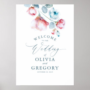 Välkomstskylt för Dusty Blue Blommigt Elegant bröl Poster