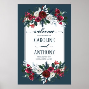 Välkomstskylt för Dusty Blue Burgundy Bloom Bröllo Poster