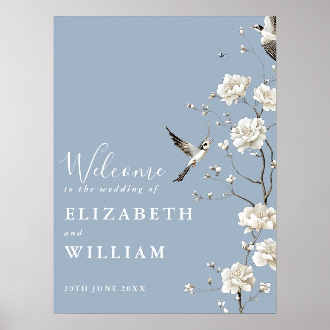 Välkomstskylt för Dusty Blue Chinoiserie Blommigt  Poster (Framsidan)