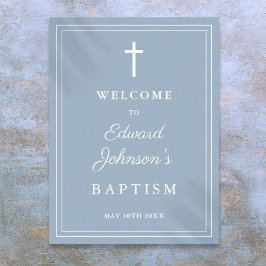 Välkomstskylt för Dusty Blue Elegant Gräns Baptism Poster