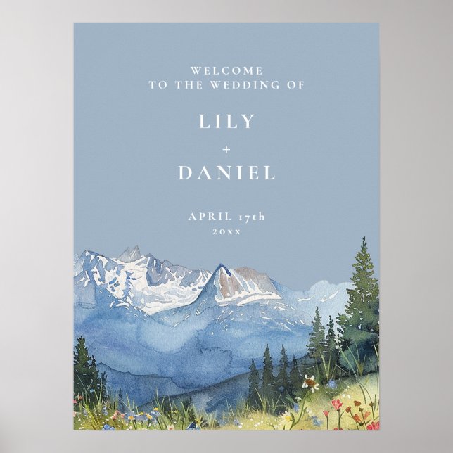 Välkomstskylt för Dusty Blue Mountain Blommigt Brö Poster (Framsidan)