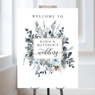 Välkomstskylt för Dusty Blue, Navy White Blommigt Poster