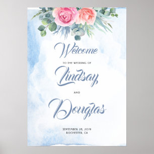 Välkomstskylt för Dusty Blue och Rosa Blommigt Brö Poster