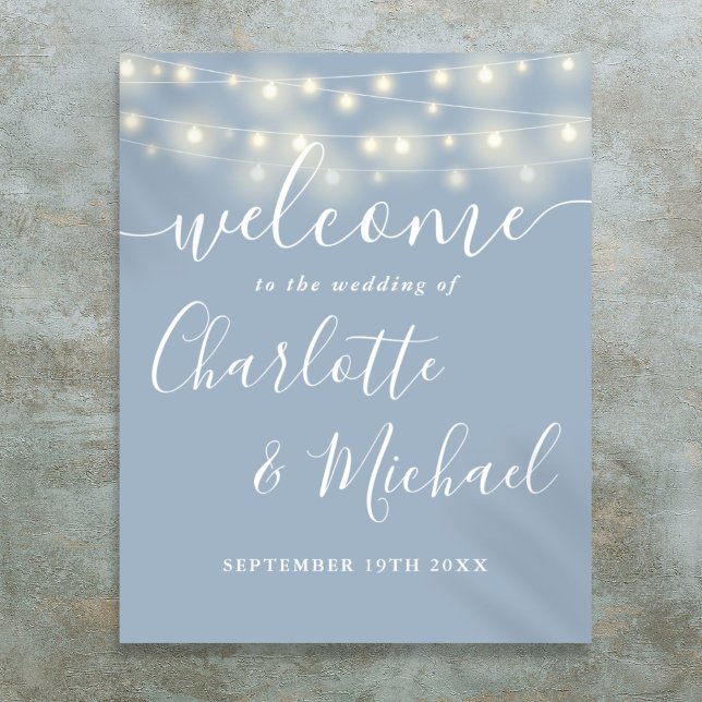 Välkomstskylt för Dusty Blue String Ljus Bröllop Poster (Dusty Blue String Lights Wedding Welcome Sign)