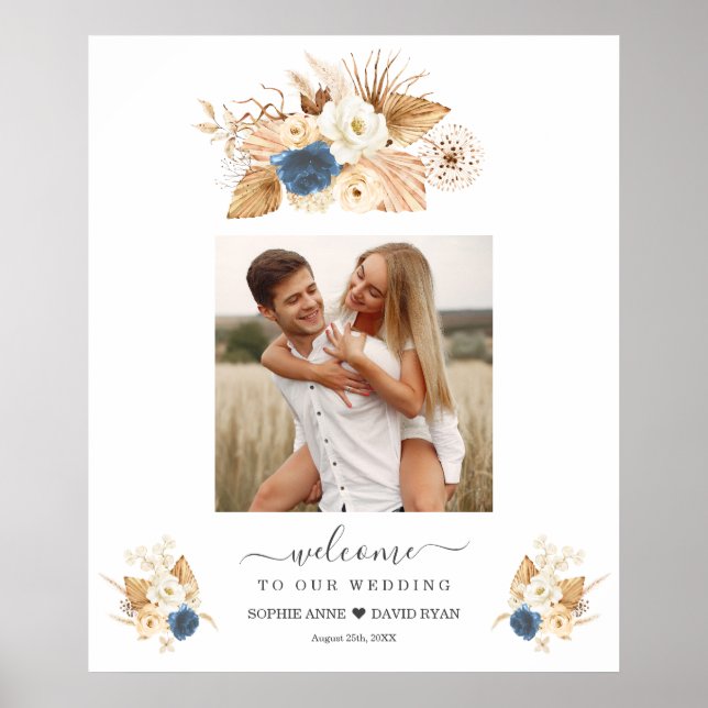 Välkomstskylt för Dusty Blue White Peach Ro Bröllo Poster (Framsidan)