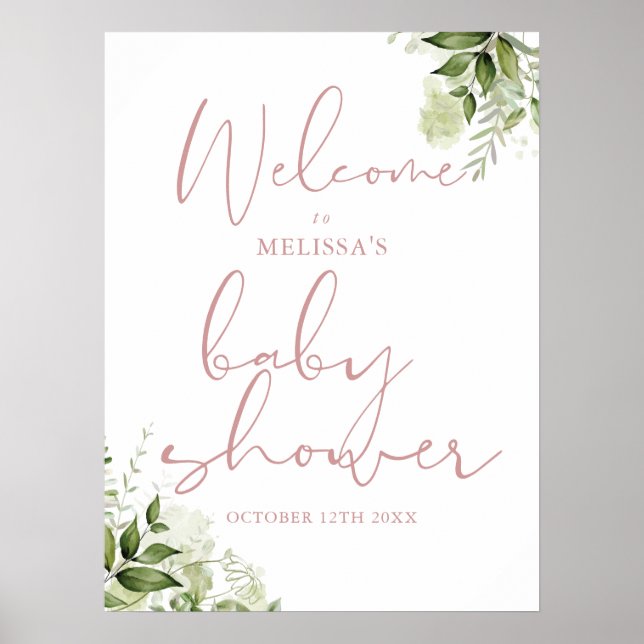 Välkomstskylt för Dusty Ro Greenery Baby Shower Poster (Framsidan)