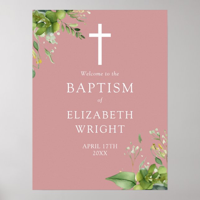 Välkomstskylt för Dusty Ro Rosa Greenery Baptism Poster (Framsidan)