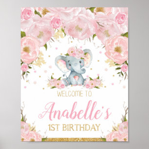 Välkomstskylt för elefant 1:a födelsedag Party Pos Poster