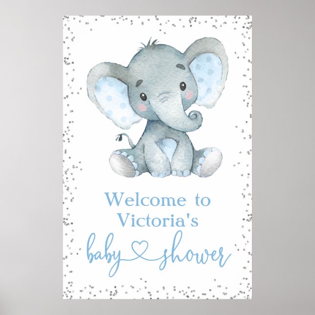 Välkomstskylt för elefant Silver Glitter Baby Show Poster (Framsidan)