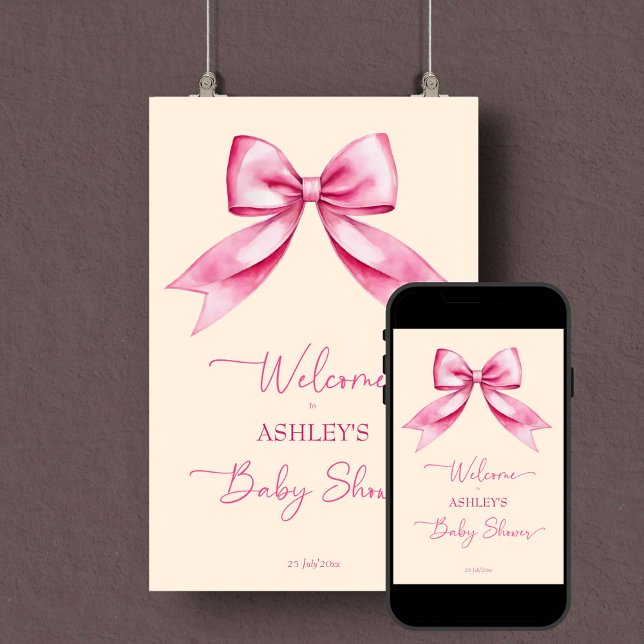 Välkomstskylt för elegant av babydusch för rosans  poster (Pink bow ribbon baby shower elegant welcome sign poster editable template instant digital download)