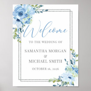 Välkomstskylt för elegant blå blommigten silver br poster