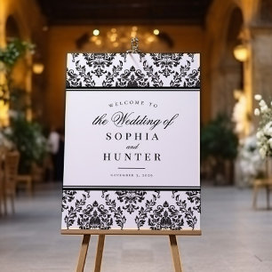 Välkomstskylt för elegant Black White Damask Weddi Poster