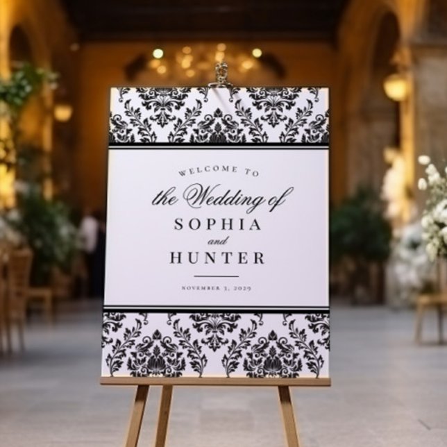 Välkomstskylt för elegant Black White Damask Weddi Poster (Skapare uppladdad)