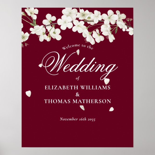 Välkomstskylt för elegant Blommigt Bröllop White B Poster (Framsidan)
