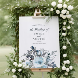 Välkomstskylt för elegant Blue Blommigt Greenery B Poster