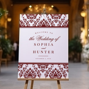 Välkomstskylt för elegant Burgundy White Damask We Poster
