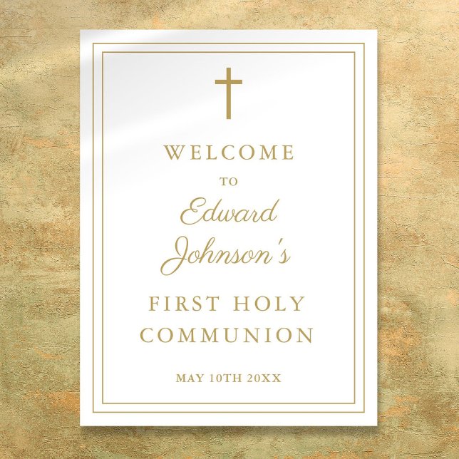 Välkomstskylt för elegant Gräns Heliga Communion V Poster (Elegant Gold Border Holy Communion Welcome Sign)