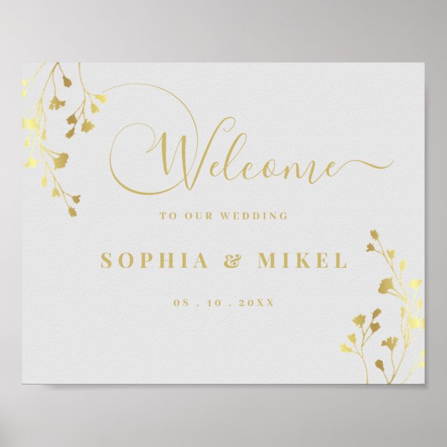 Välkomstskylt för elegant Guld och Blommigt Bröllo Poster (Framsidan)