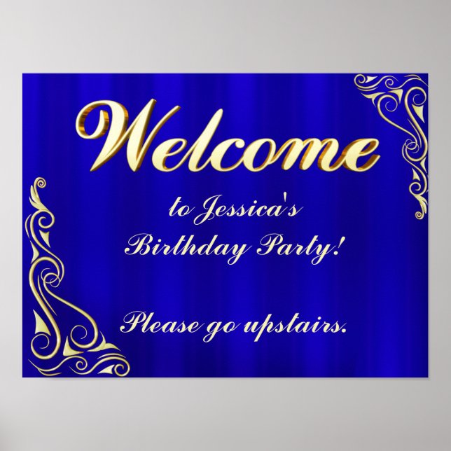 Välkomstskylt för elegant Guld och Blue Birthday Poster (Framsidan)