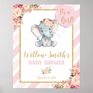 Välkomstskylt för Elephant Baby Shower Girl Rosa V Poster