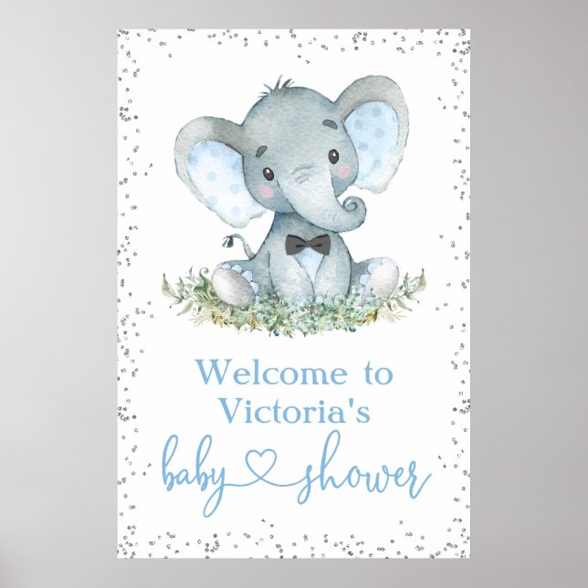 Välkomstskylt för Elephant Bow Tie Glitter Baby Sh Poster (Framsidan)