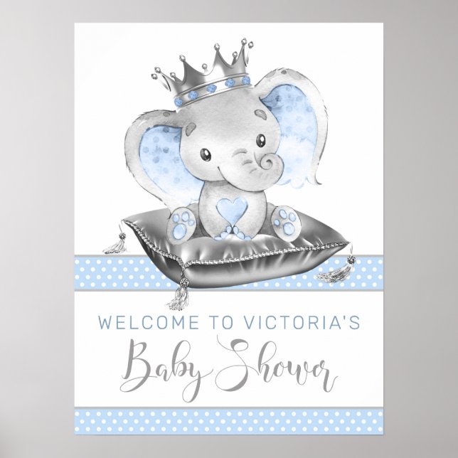 Välkomstskylt för Elephant Prince Baby Shower Poster (Framsidan)