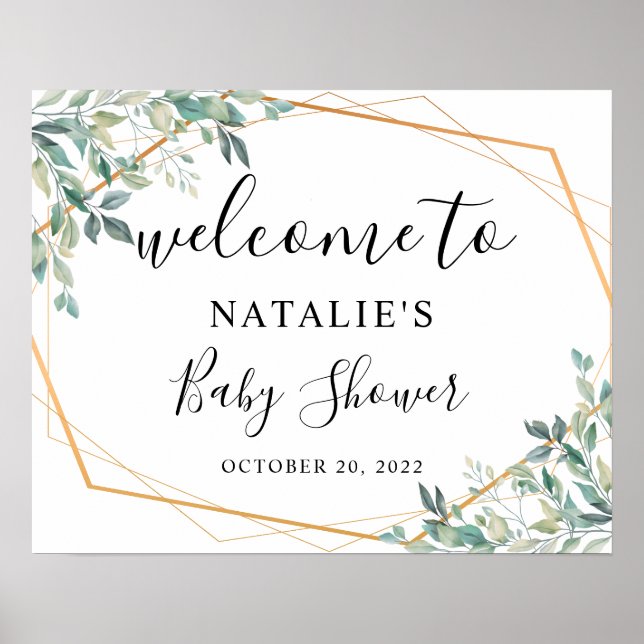 Välkomstskylt för Eucalyptus Greenery Guld Baby Sh Poster (Framsidan)