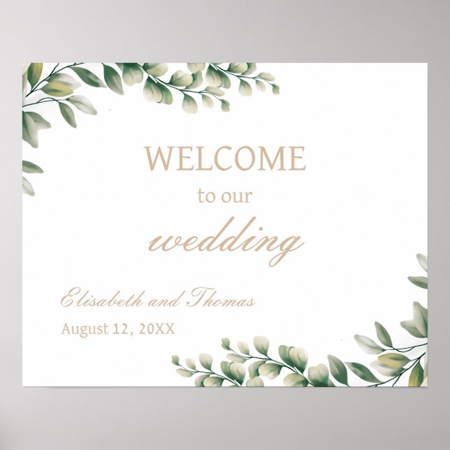 Välkomstskylt för Eucalyptus Löv Elegant bröllop Poster (Framsidan)