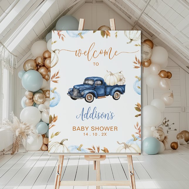 Välkomstskylt för Fall Blue Pumpkin Lastbil Baby S Fototryck (Boys Little Pumpkin Baby Shower Welcome Sign Template, Fall Pumpkin Truck Baby Shower Welcome Sign)