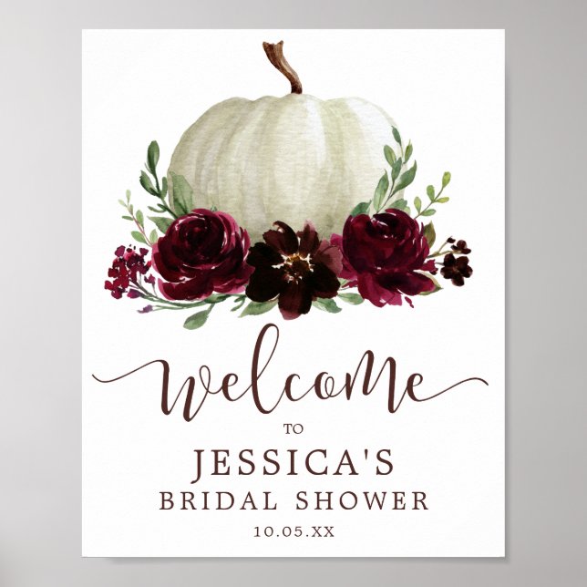 Välkomstskylt för Fall Burgundy Pumpkin Shower Poster (Framsidan)