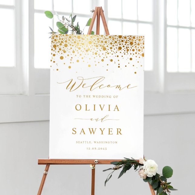 Välkomstskylt för Faux gulfenkonfetti Bröllop Poster (Faux Gold Foil Confetti Dots Wedding Welcome Sign)