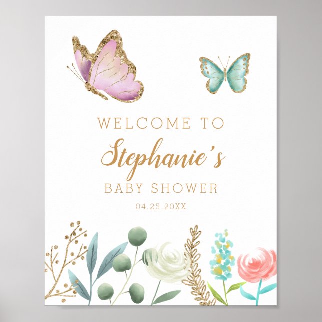 Välkomstskylt för fjäril Baby Shower Poster (Framsidan)